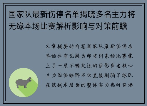 国家队最新伤停名单揭晓多名主力将无缘本场比赛解析影响与对策前瞻 国家队最新伤停名单揭晓多名主力将无缘本场比赛解析影响与对策前瞻