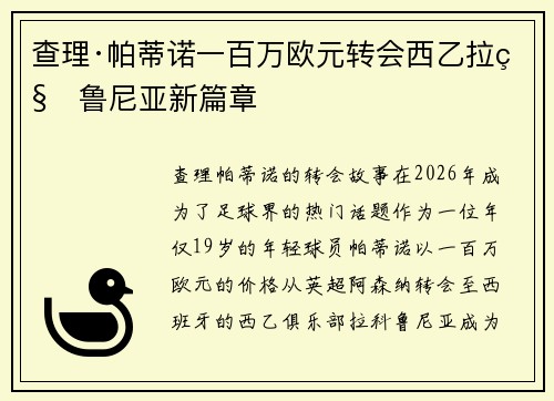 查理·帕蒂诺一百万欧元转会西乙拉科鲁尼亚新篇章 查理·帕蒂诺一百万欧元转会西乙拉科鲁尼亚新篇章