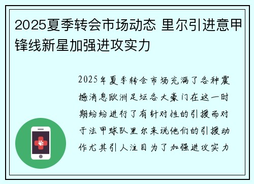 2025夏季转会市场动态 里尔引进意甲锋线新星加强进攻实力