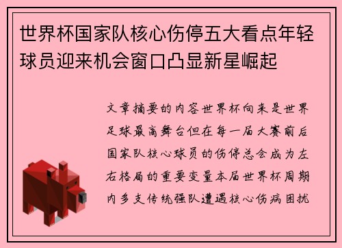 世界杯国家队核心伤停五大看点年轻球员迎来机会窗口凸显新星崛起
